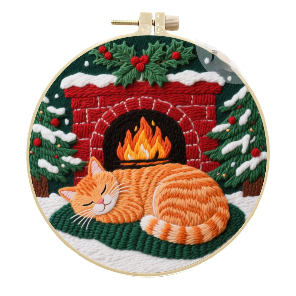 Embroidery kit with 20cm imitation bamboo frame, scissors, and autumn fruit design cotton linen fabric