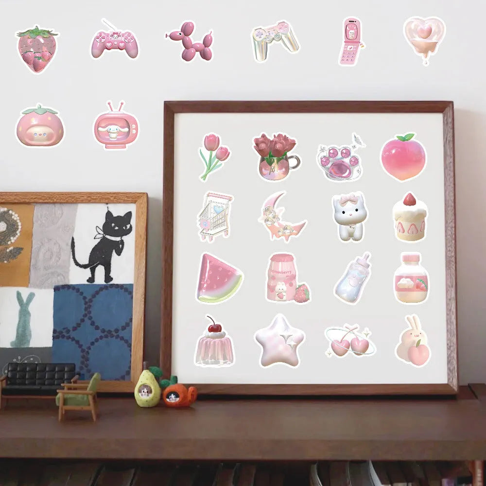 Pack of 63 pink 3D heart decorative stickers with cute style and adhesive backing.