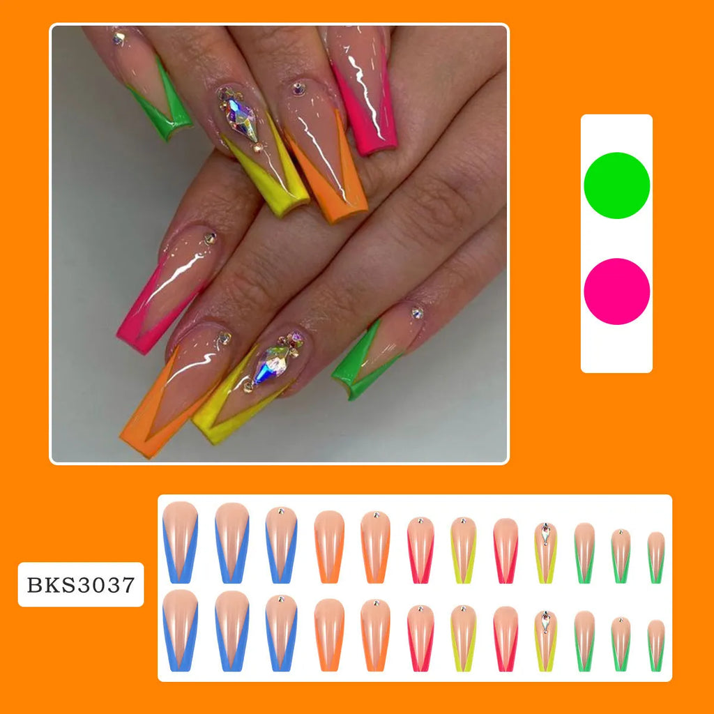 Diamond colour French false nail tips with red cartoon love hearts and black cross designs.