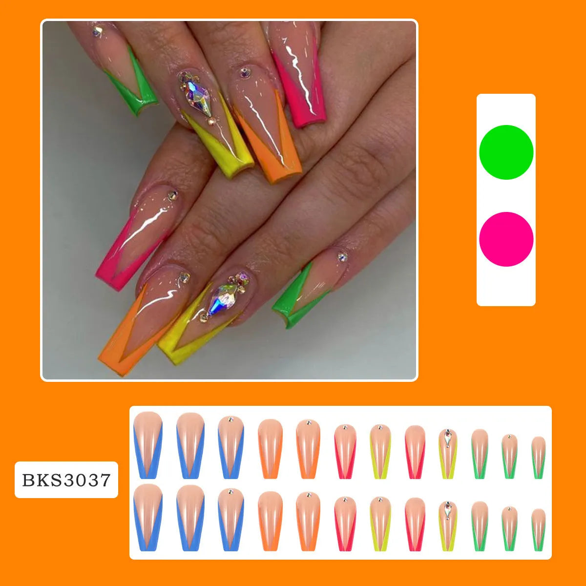 Diamond colour French false nail tips with red cartoon love hearts and black cross designs.