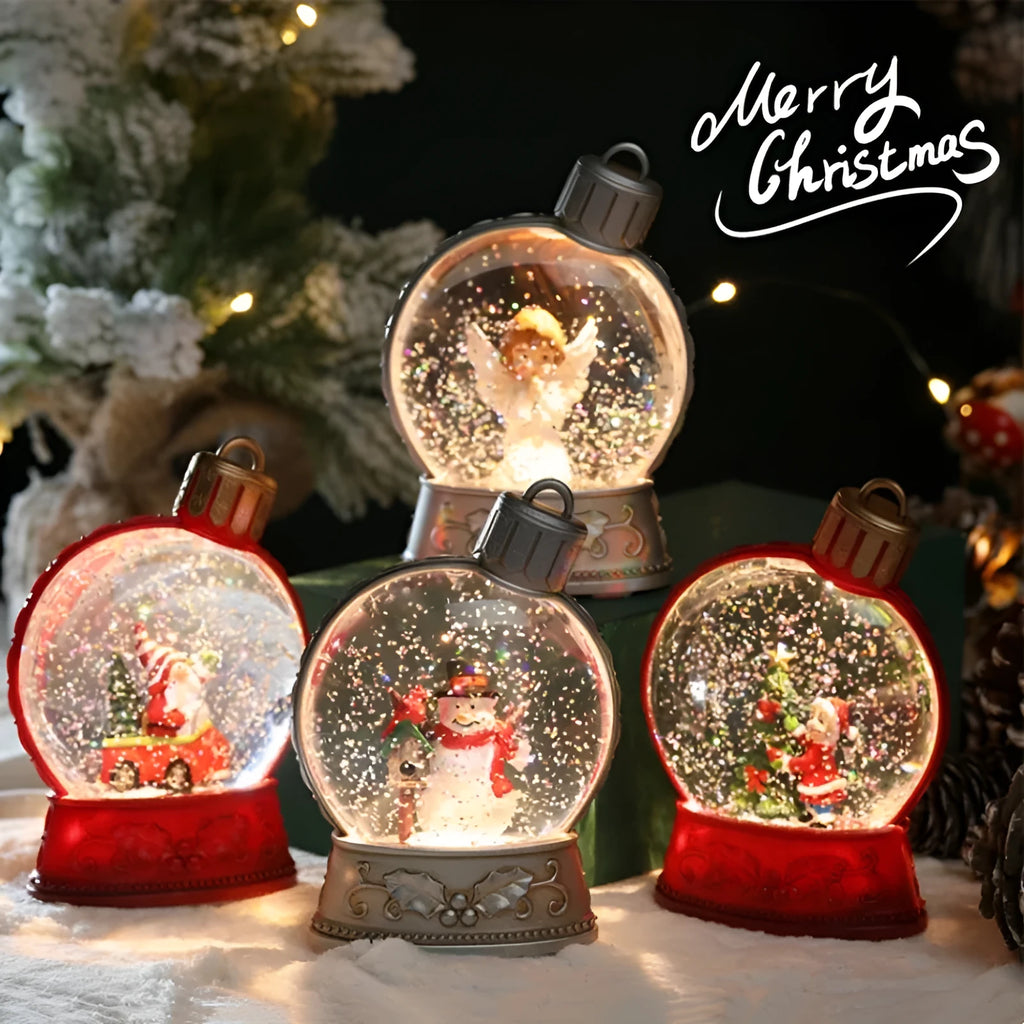 Four battery-powered Christmas LED flat light decorations: old man, snowman, children's tree and angel figures.