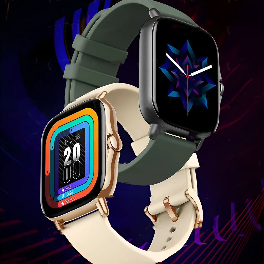 GT20 smartwatch in black with alloy case and silicone strap showing health stats on screen.