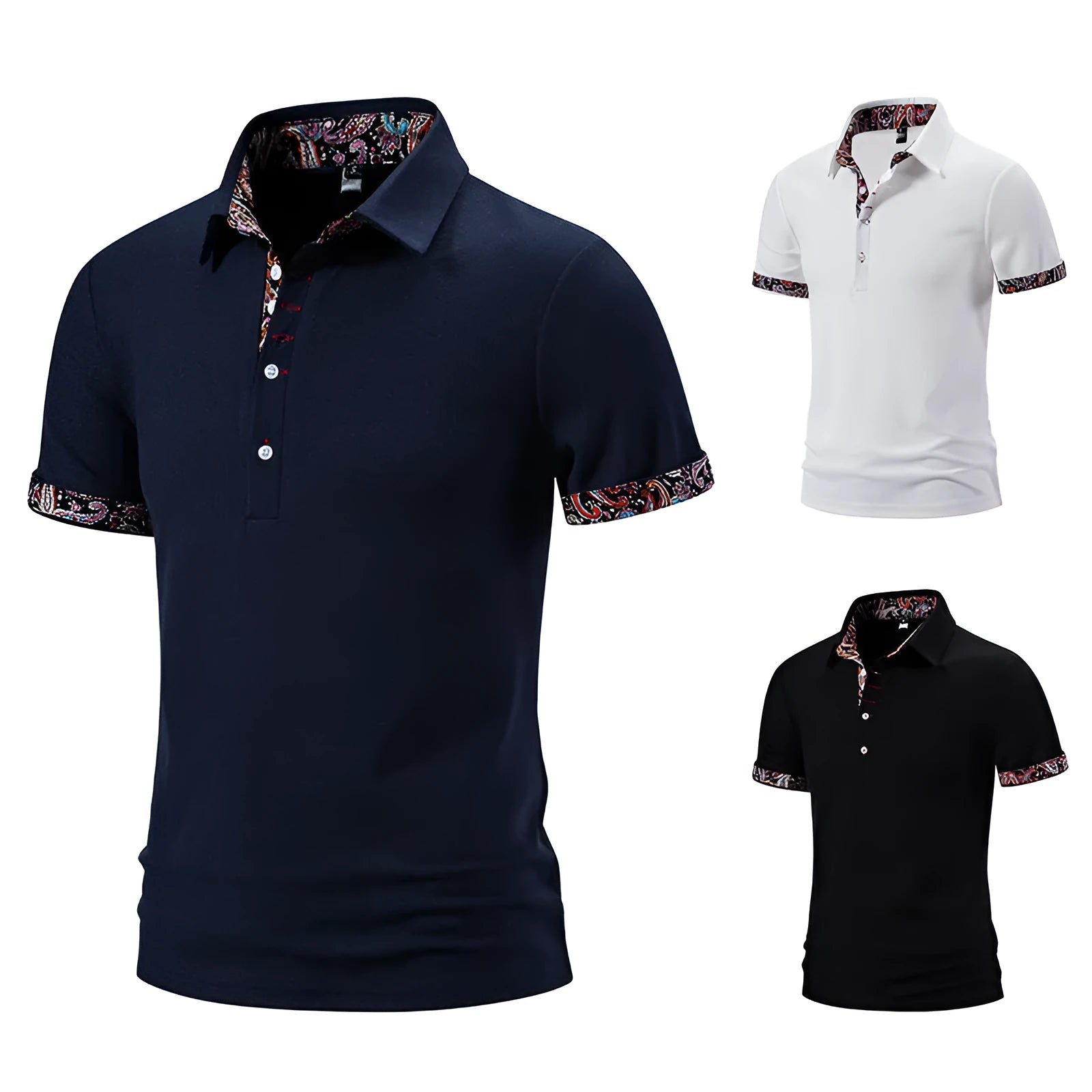 Men's classic polo shirt in cotton blend fabric, shown in white, black, and navy blue colours.