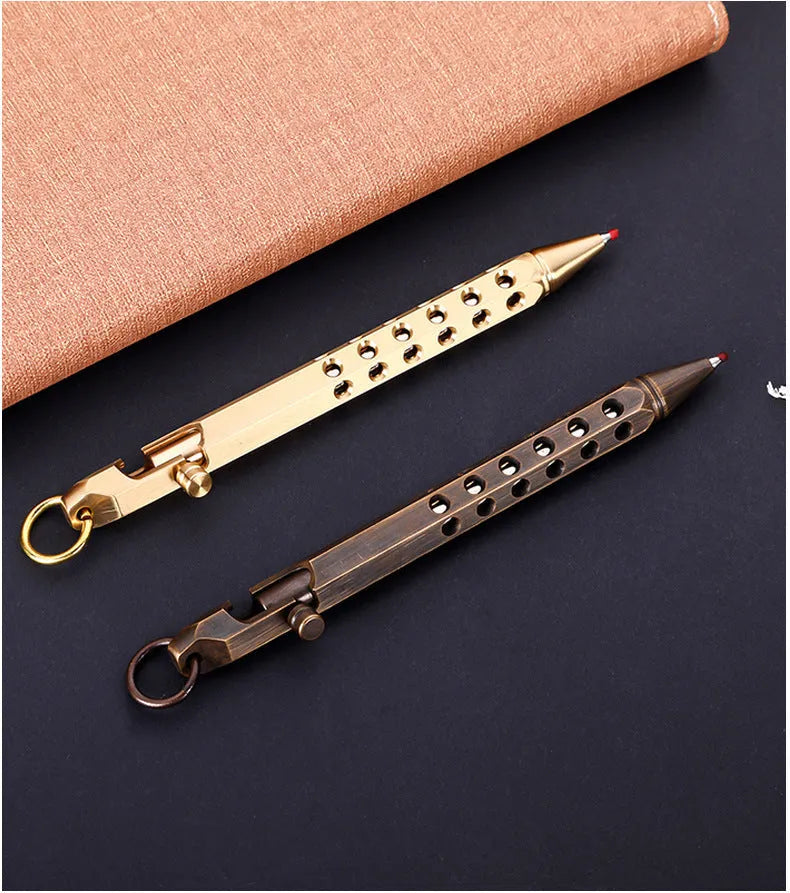 Brass hexagonal roller pen with six-angle barrel showing 0.5mm tip