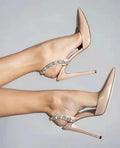 Women's black pointed toe high heel sandals with rhinestone side accents showing 11cm heel height
