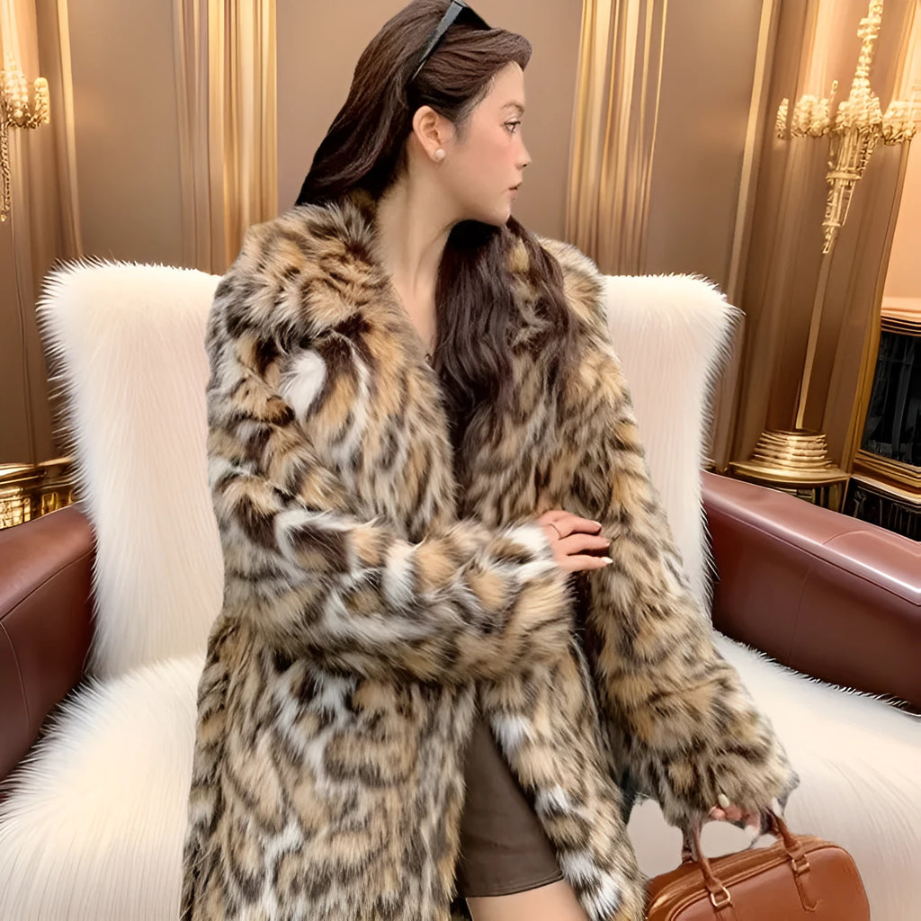 Faux fur coat with detachable collar in street fashion style showing long length and practical pockets