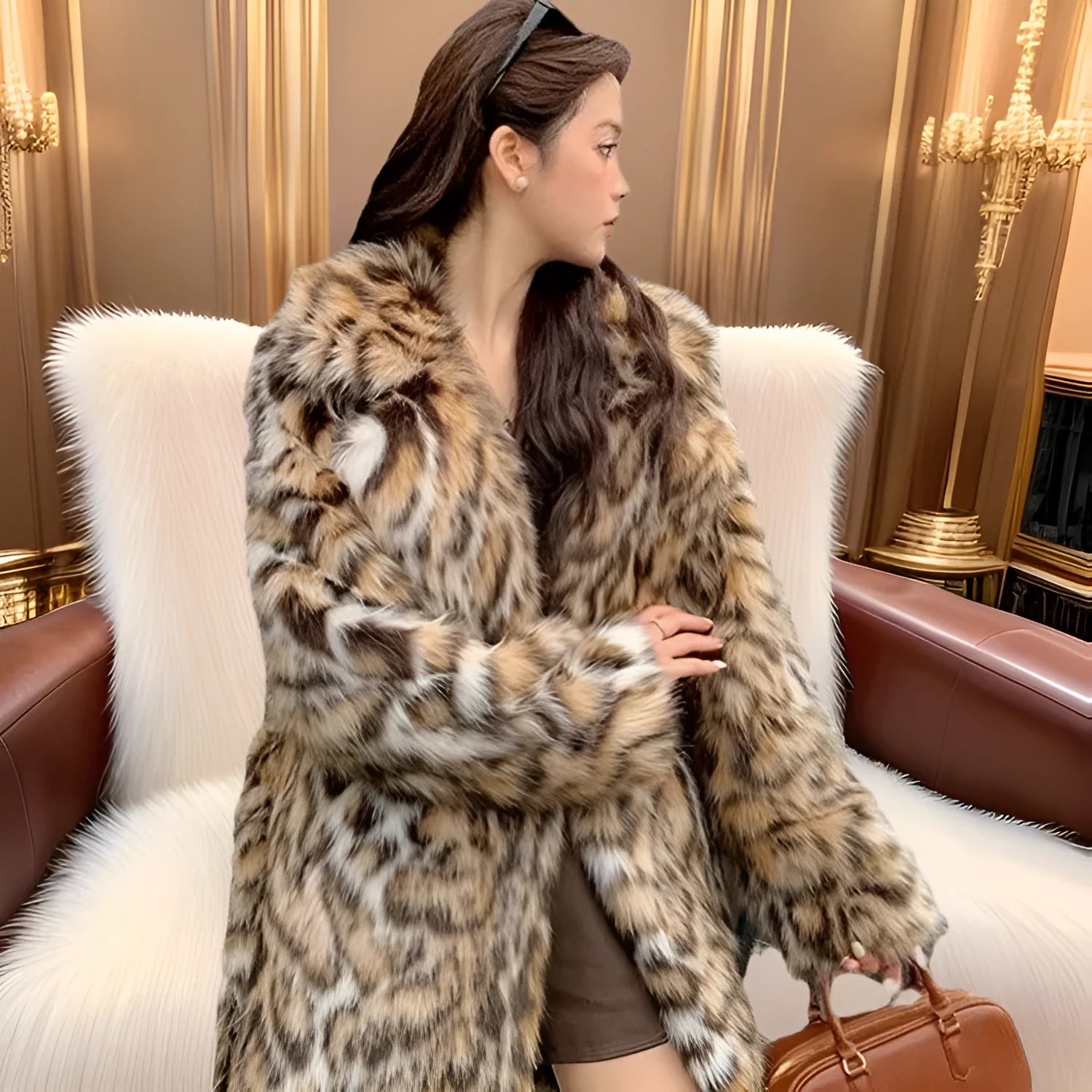 Faux fur coat with detachable collar in street fashion style showing long length and practical pockets