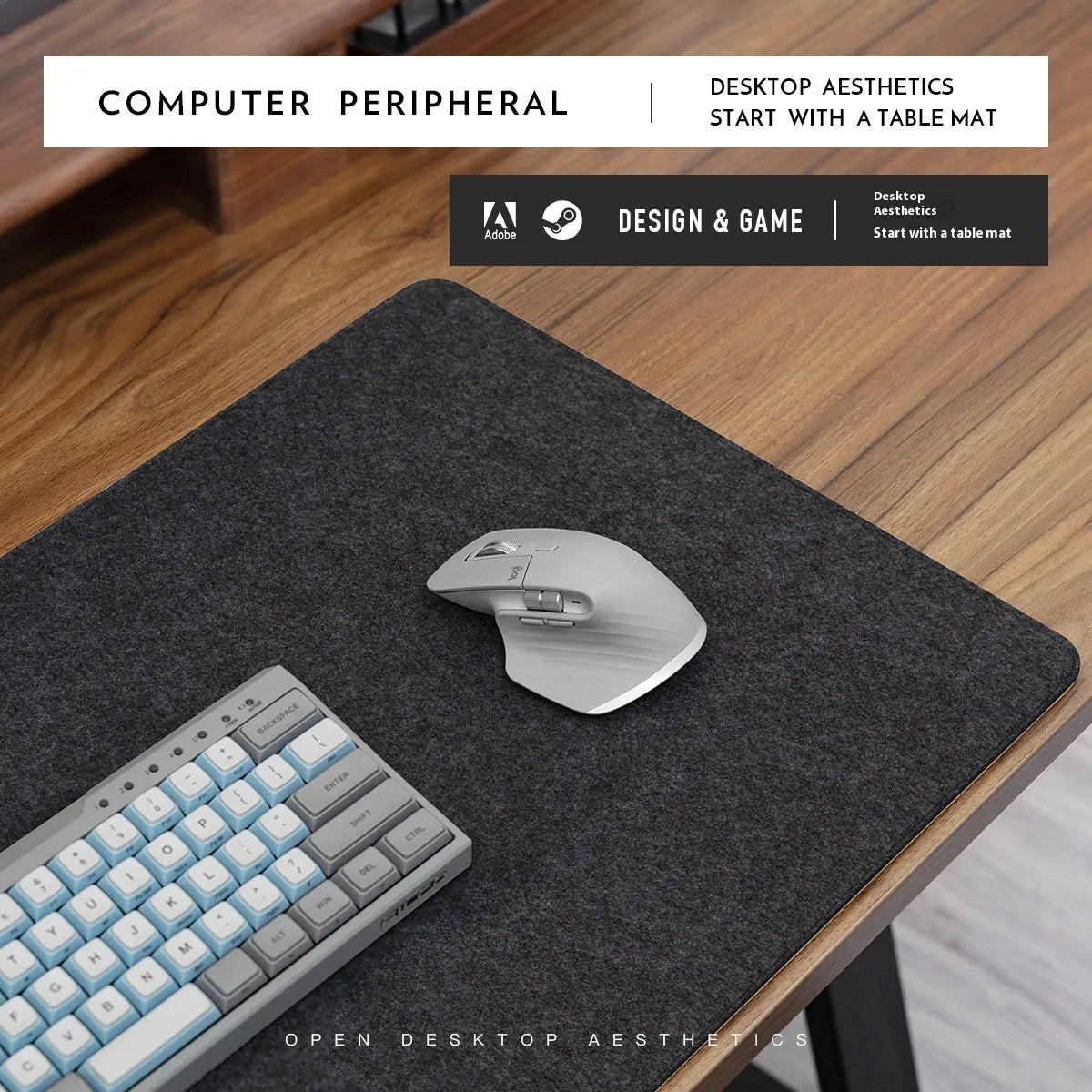 Winter warm felt cork office mouse mat with non-slip base in black and grey pattern on a desk.
