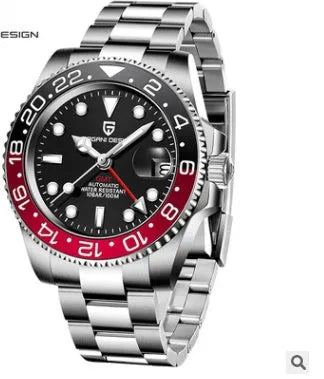 Men's calendar luminous GMT watch with stainless steel bracelet and black dial