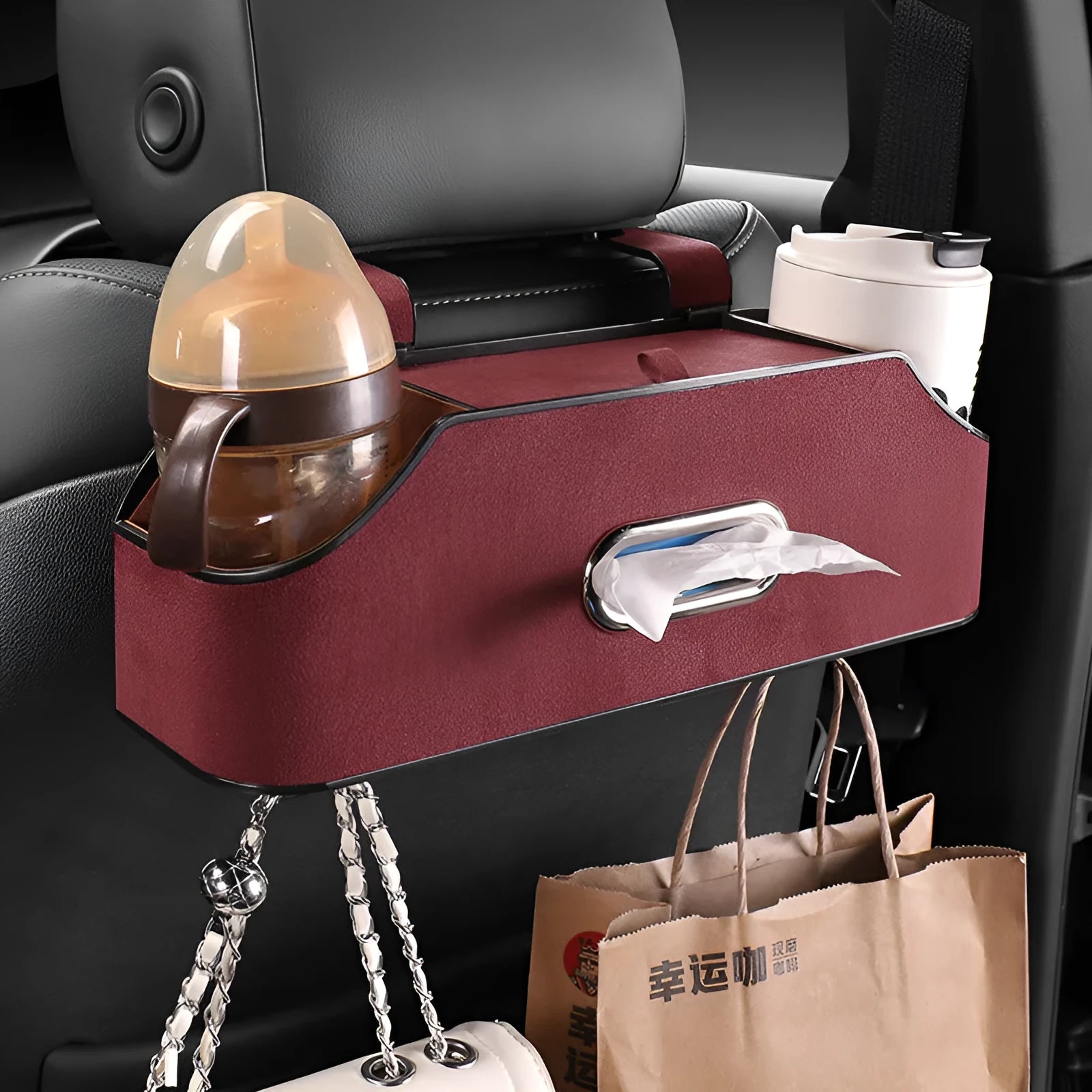 Genuine leather car tissue box holder with cup holder, shown in beige colour.