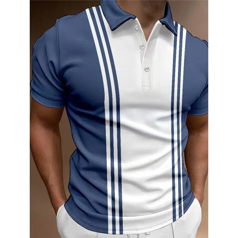 Men's loose fit t-shirt with 3 button printing lapel in polyester fabric showing blue colour option