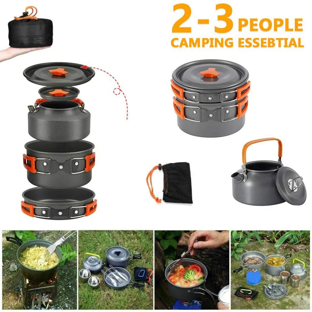 Orange camping cookware set with aluminium pots, pan, and utensils in a mesh bag