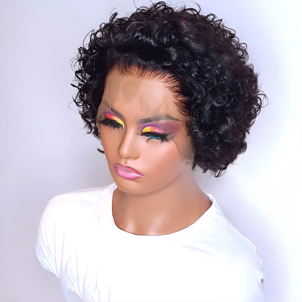 Black short pixie wig with lace front, made from human hair for daily wear.