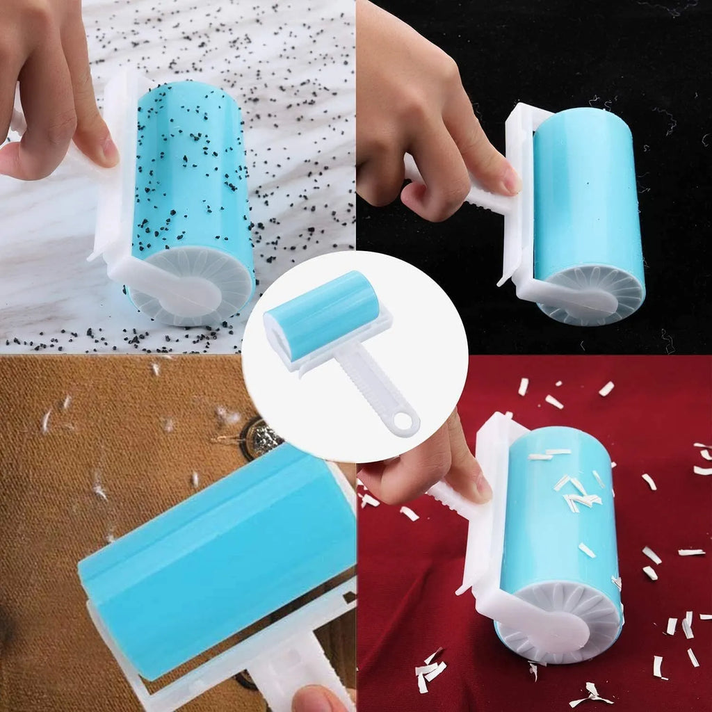 Blue washable lint roller with cover for removing pet hair from clothes and furniture