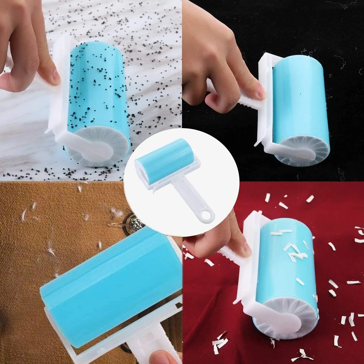 Blue washable lint roller with cover for removing pet hair from clothes and furniture
