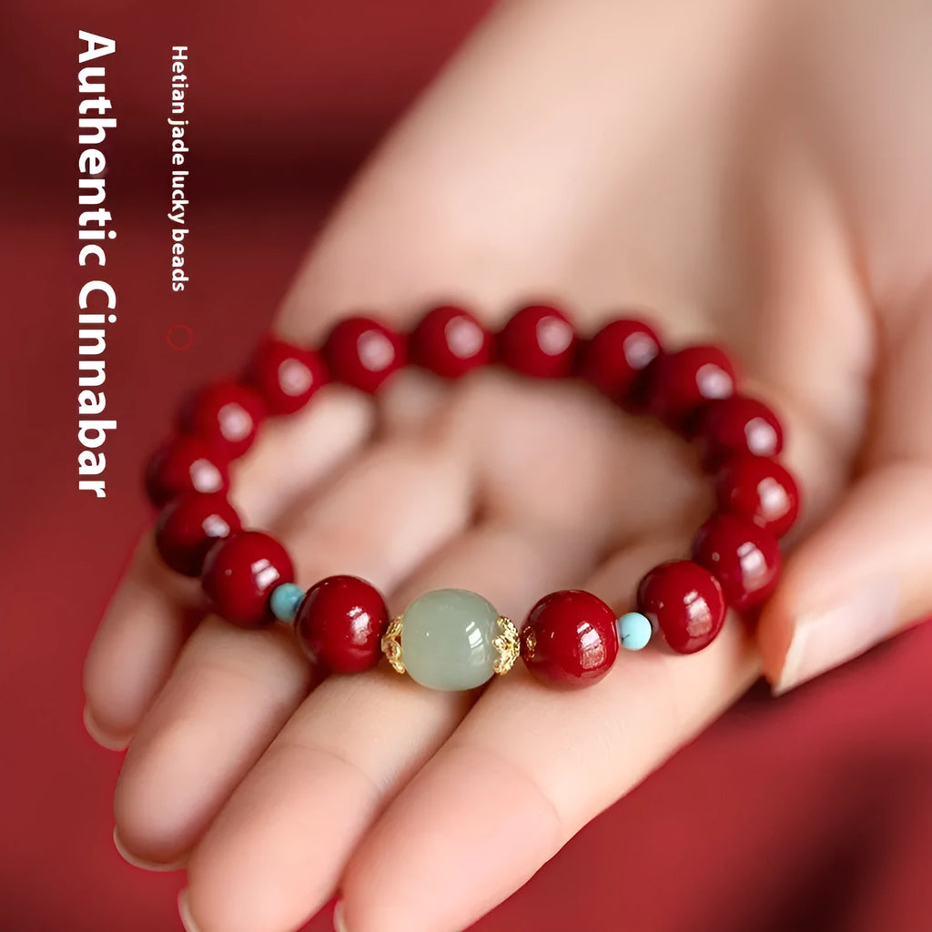 Cinnabar Hetian jade beads bracelet with geometric elliptical shape in purple gold sand colour