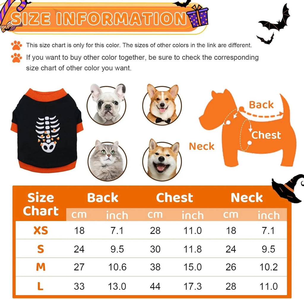 Orange dog sweatshirt with black skeleton print on a small dog, showing ribbed collar and cuffs.