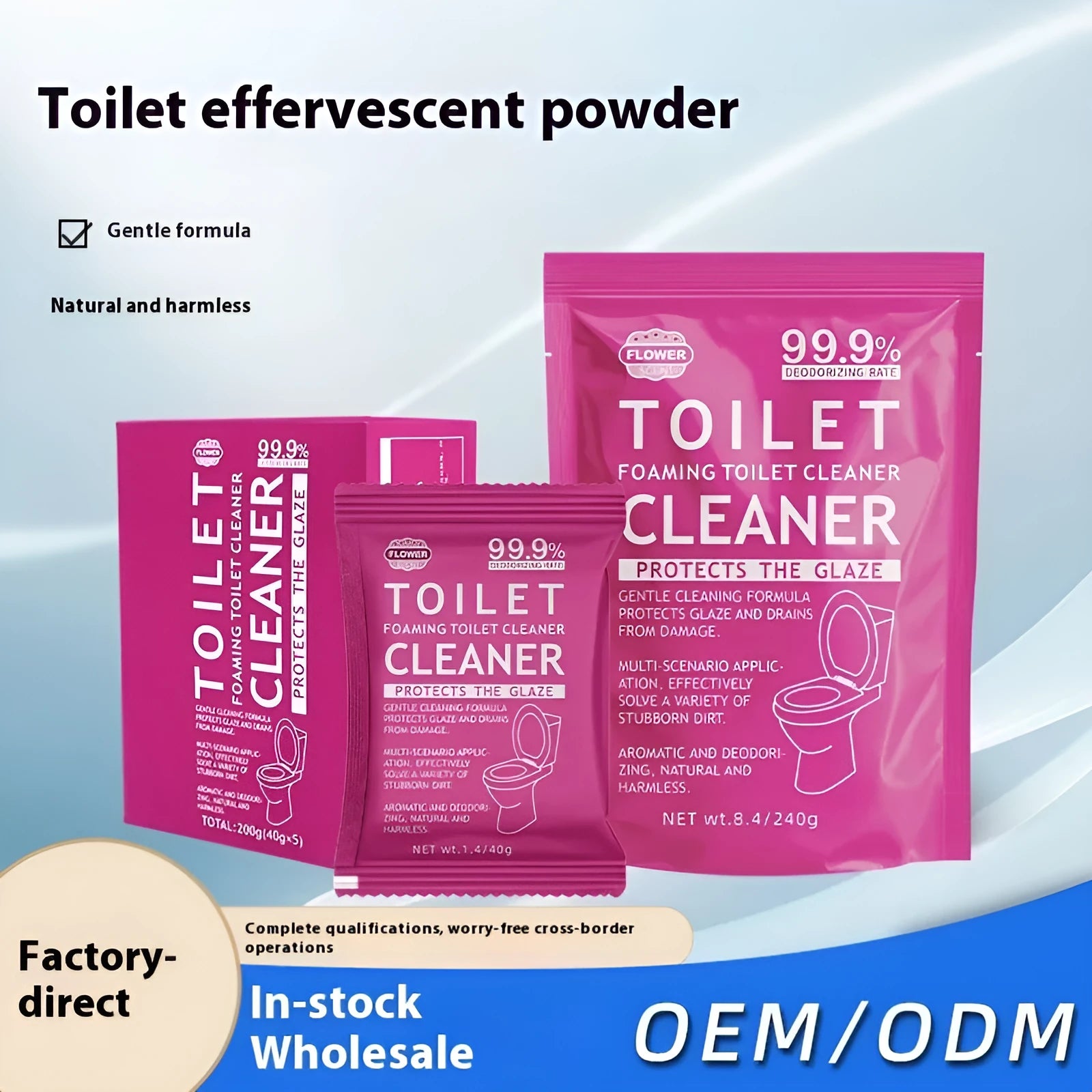 Toilet bubble effervescent cleaning powder in blue ocean and pink floral scents, showing large bag and box of sachets.