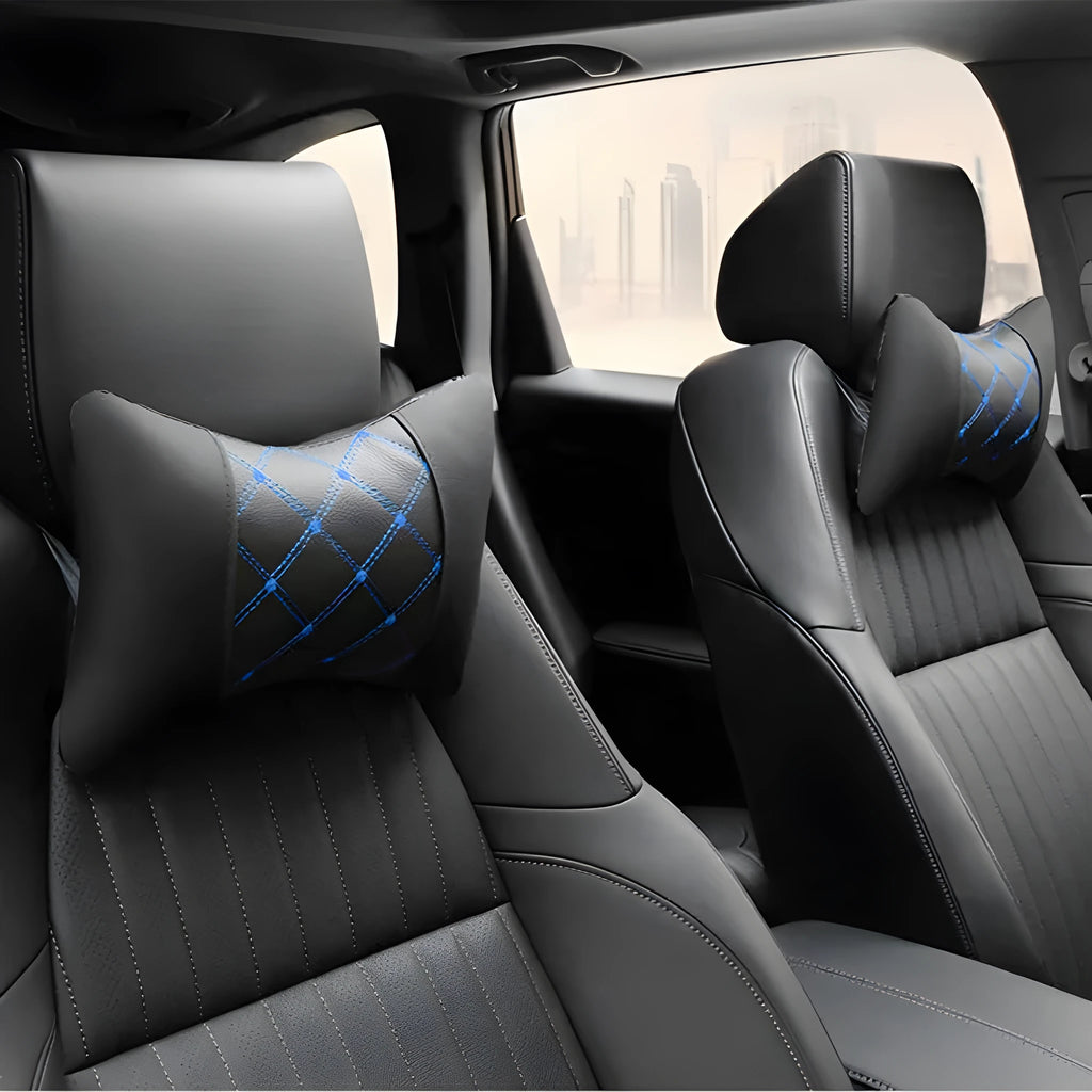 Black quilted artificial leather car headrest pillow for cervical neck support.