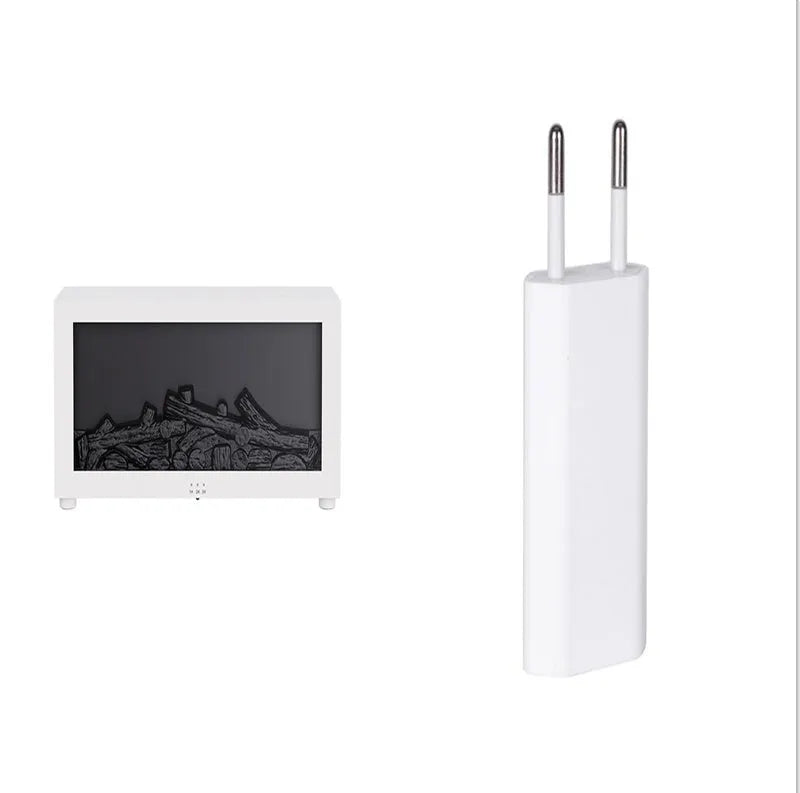 Square black flame effect aromatherapy diffuser with coloured LED lights and mist emitting, remote control beside it.