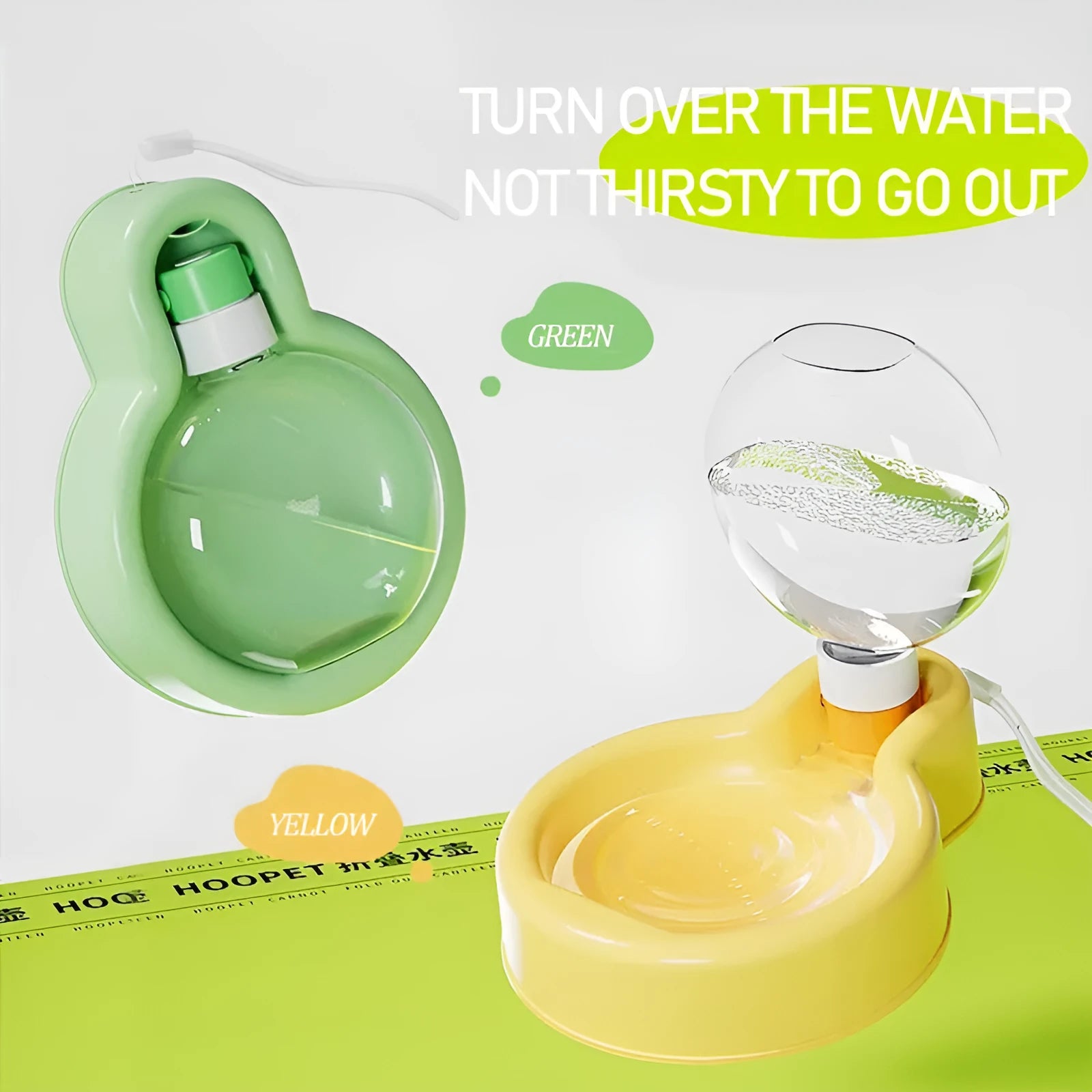 Green dog travel water bottle with built-in drinking bowl extended