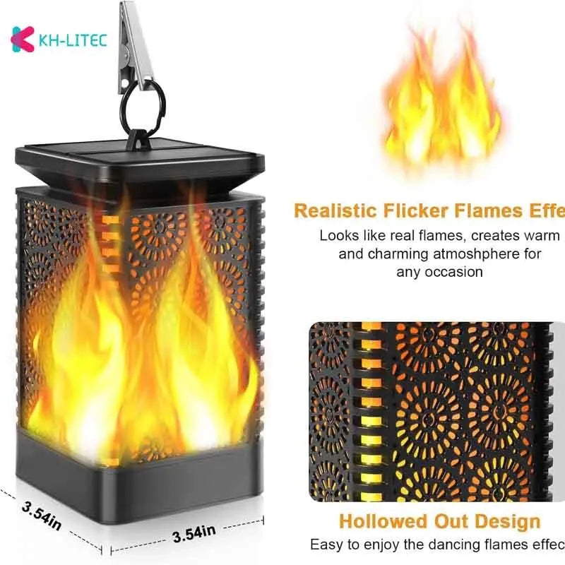 Set of four black solar-powered hanging lanterns with flickering flame LED light for outdoor garden decoration.
