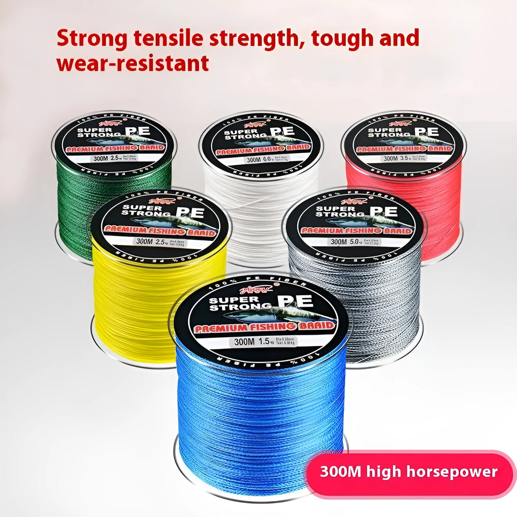 Spool of Dali Mayu PE braided fishing line showing colour options on a 300-metre reel