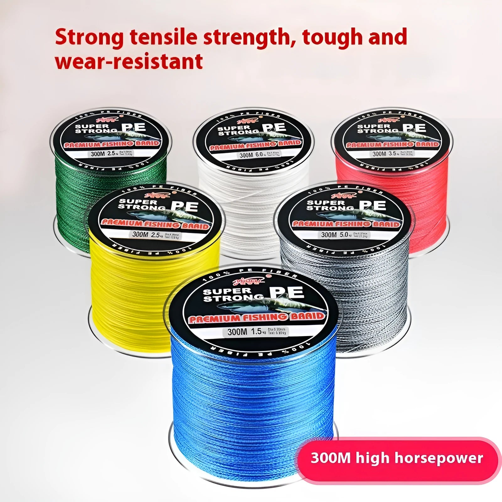 Spool of Dali Mayu PE braided fishing line showing colour options on a 300-metre reel