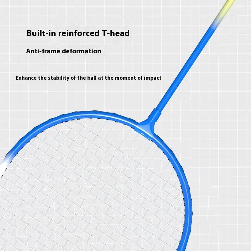 A pair of blue and red ultra-lightweight graphite alloy badminton rackets laid side by side.
