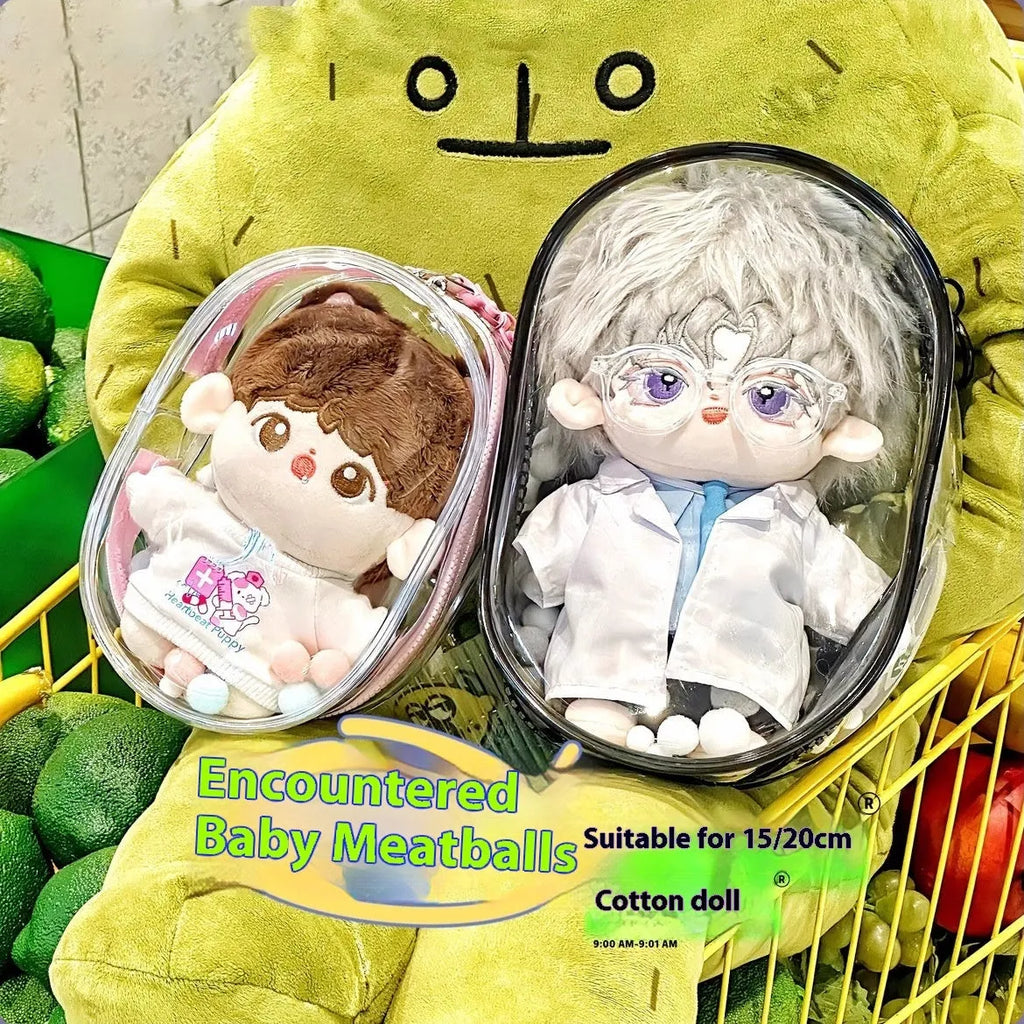 Clear PVC cube storage bag for dolls with keychain attachment in avocado green colour