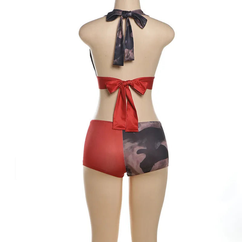 Red women's high waist hip lift printed shorts bikini set with 3D pattern