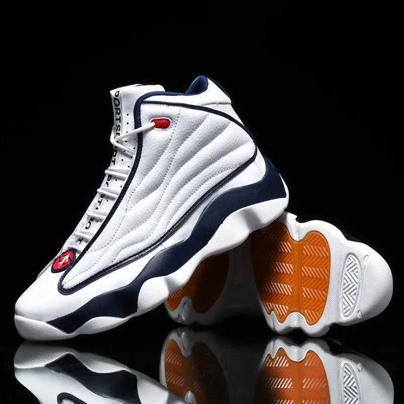 Men's high-top basketball shoe in AJ13 colour with mesh upper and thick rubber sole.