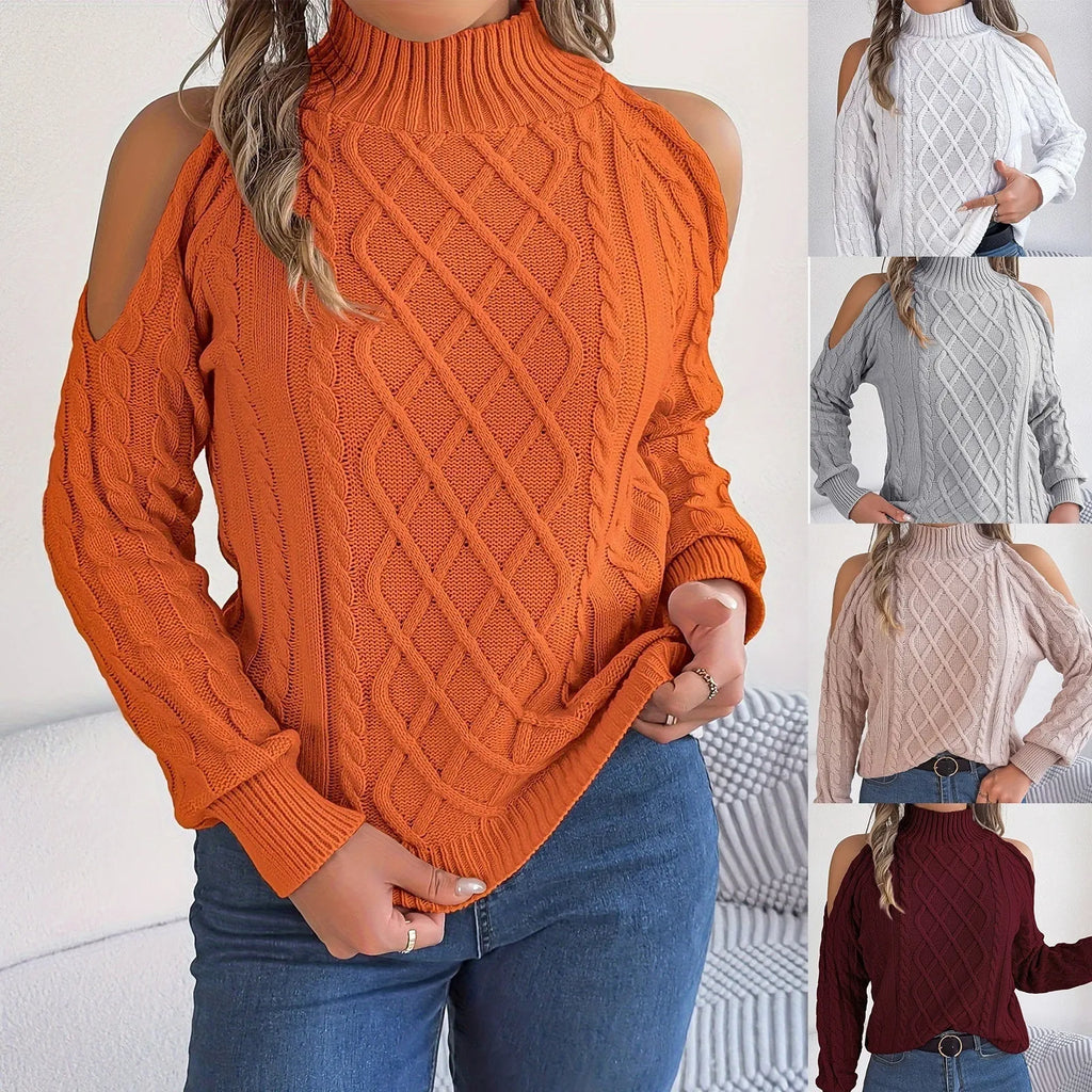 Women's strapless twist pattern sweater with half-high collar and lantern sleeves