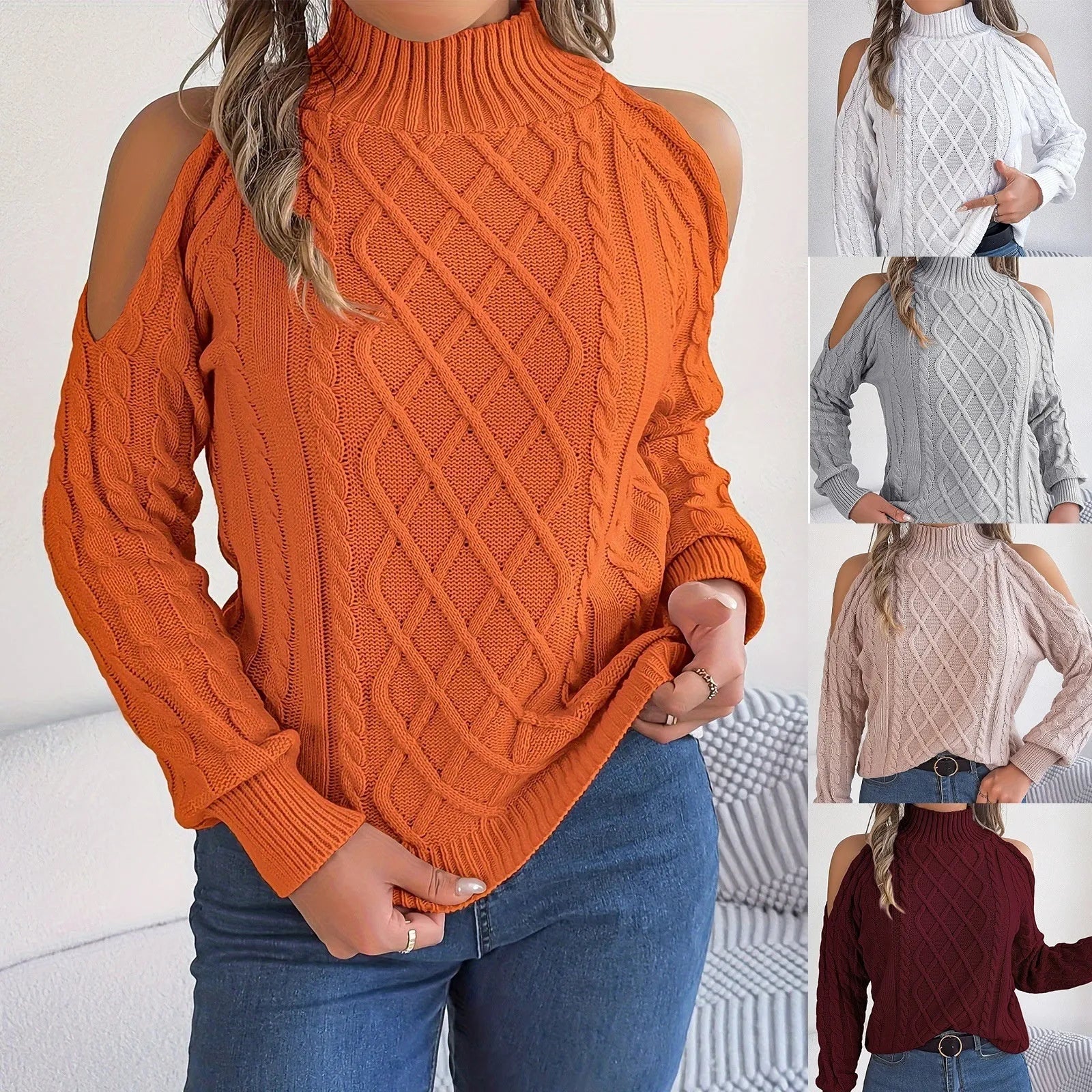 Women's strapless twist pattern sweater with half-high collar and lantern sleeves