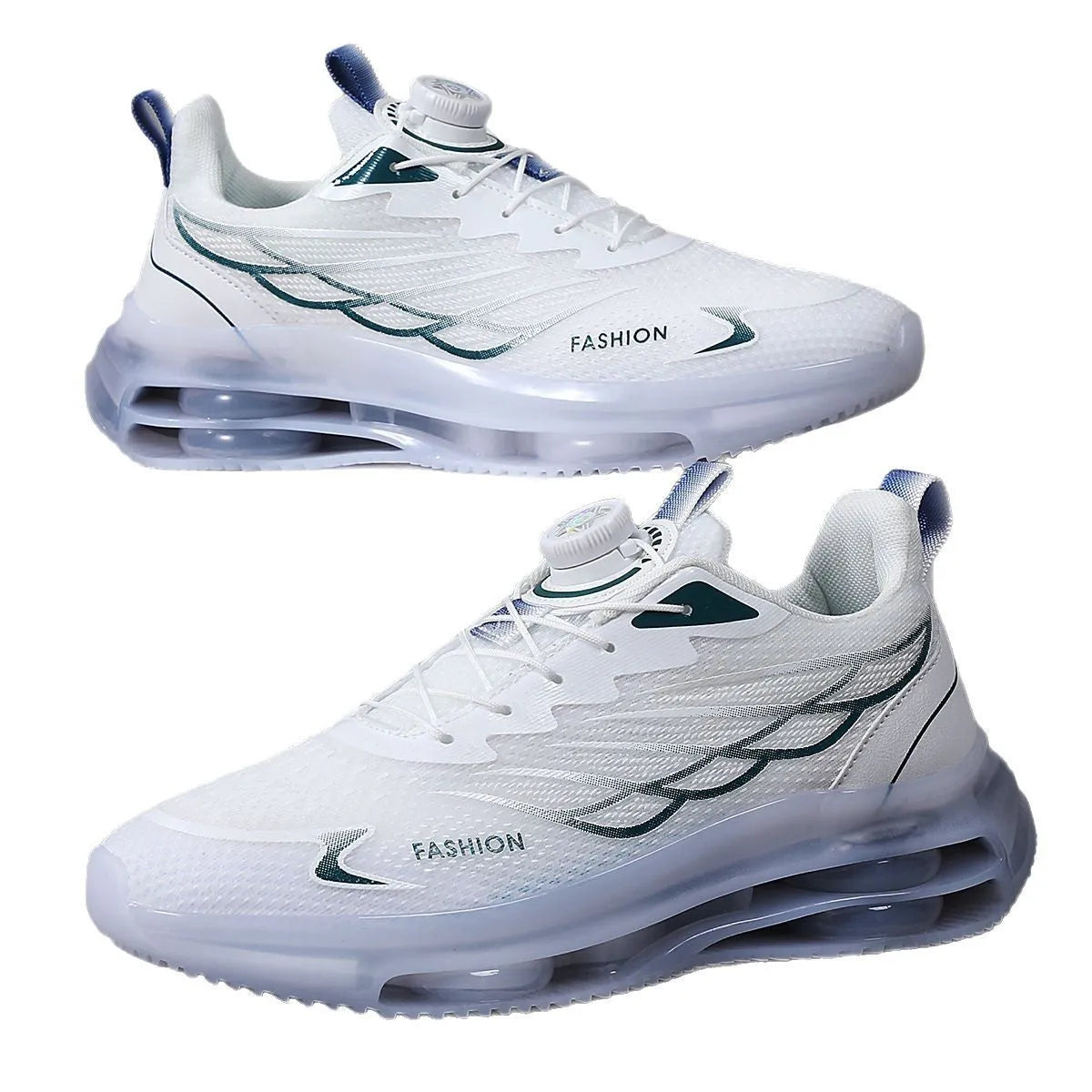 Men's white low-top mesh casual shoes with rotating button and lace-up closure, rubber sole.