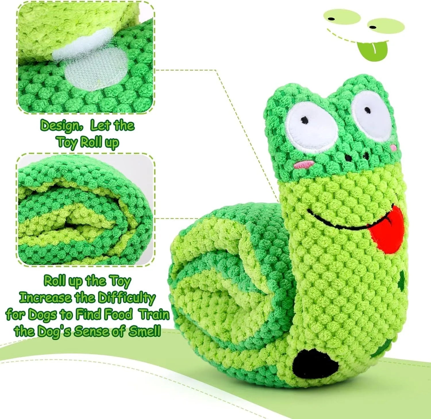 Squeaky dog toy in frog, snail or snake design with hidden food holes for foraging training