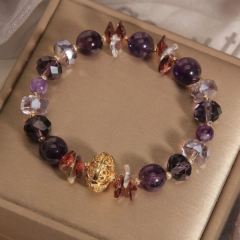 Purple crystal women's bracelet with pumpkin lucky beads and rhinestone decorative elements