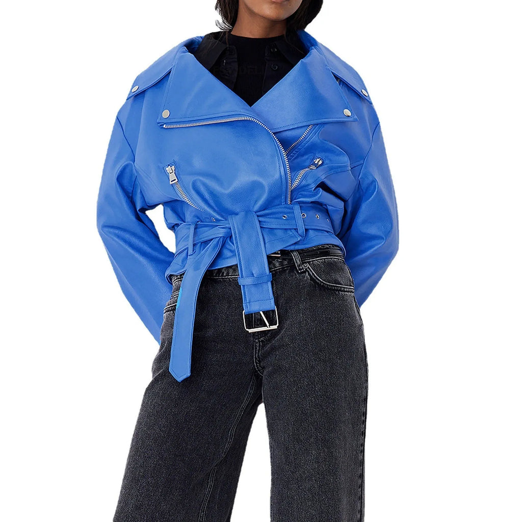 Men's black punk-style short belt lapel jacket with a Peter Pan collar and drawstring waist.