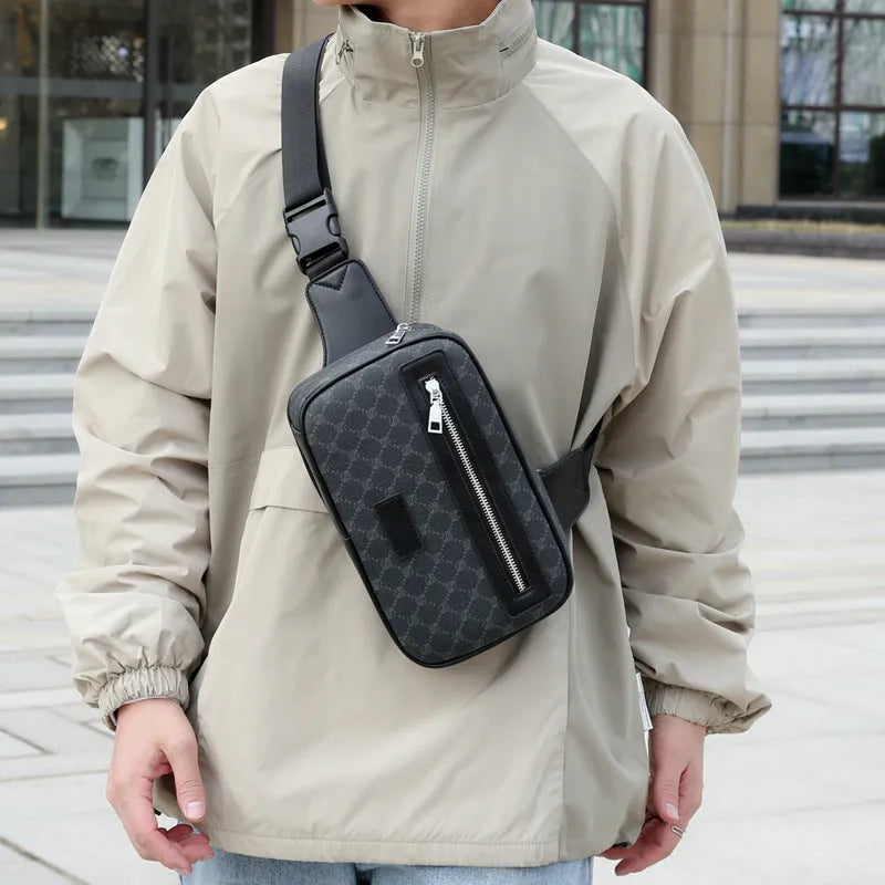 Men's black crossbody bag with chest strap and decorative sewing lines