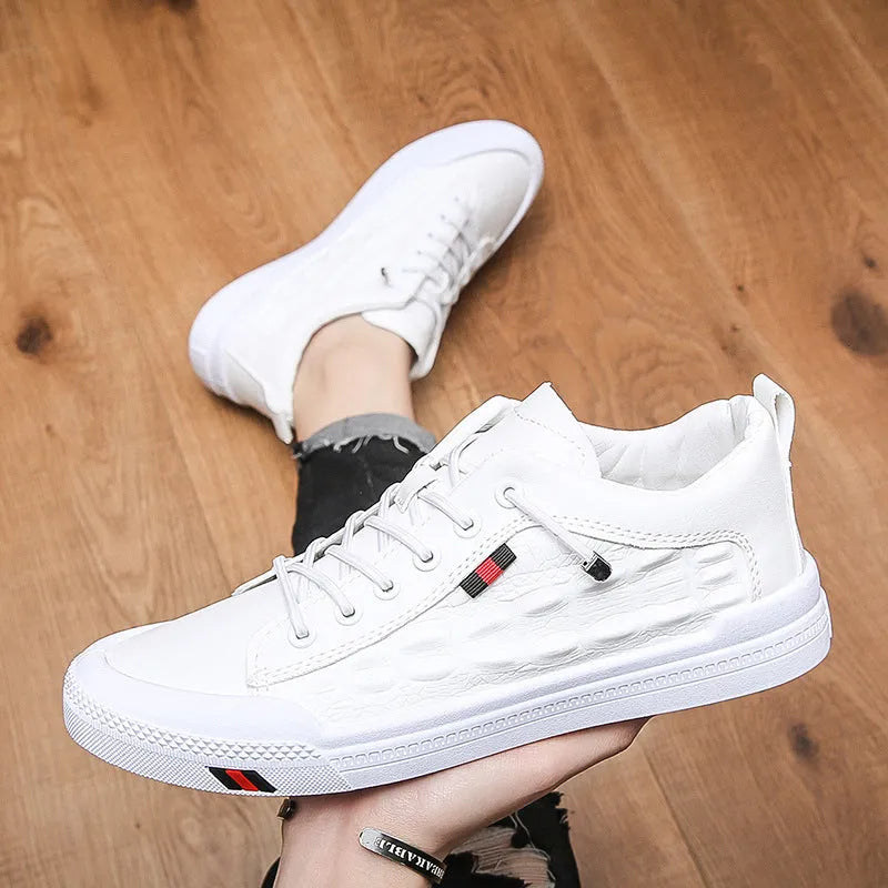 White men's lace-up casual sneakers with a PU leather upper and rubber sole on a flat heel.