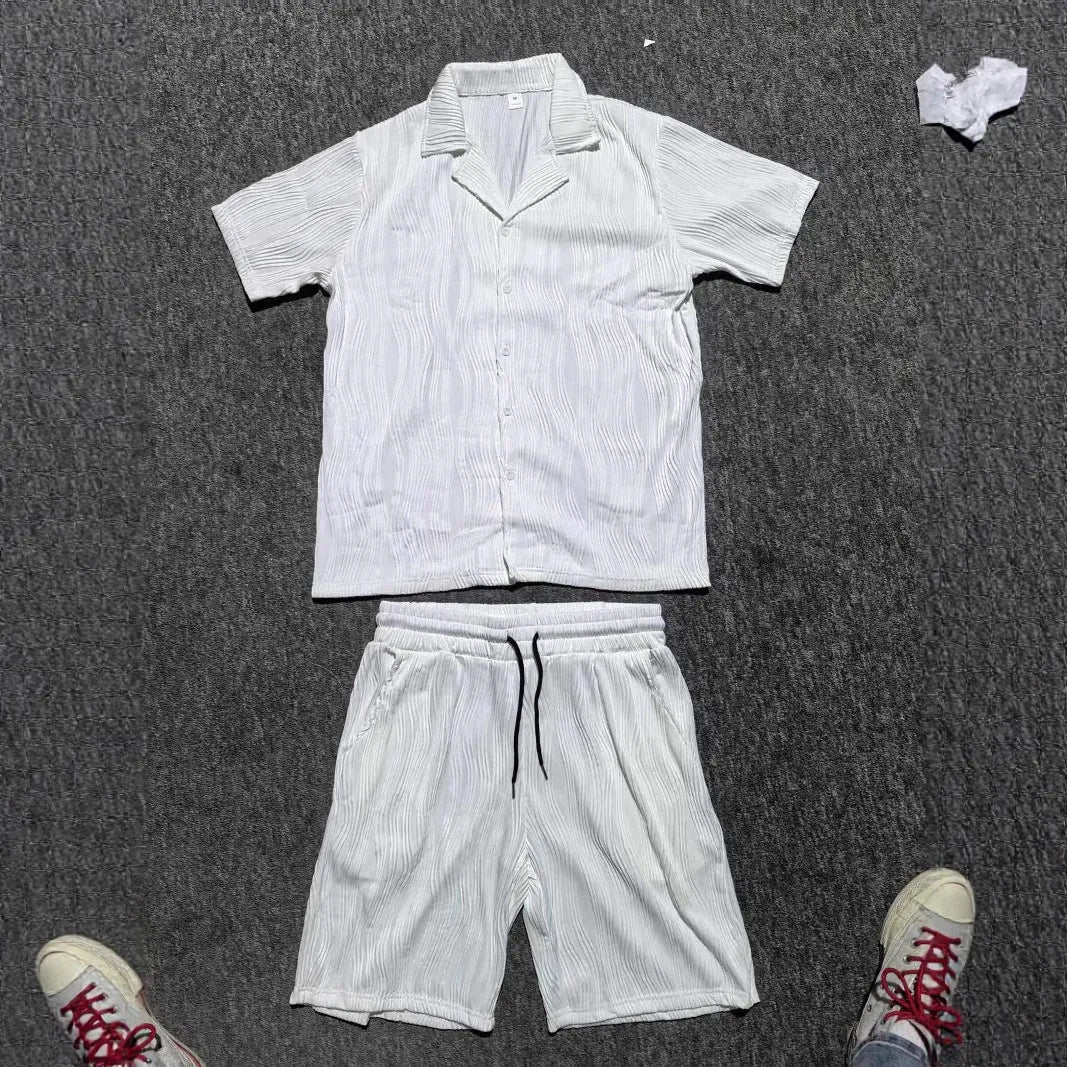 Men's black short sleeve shirt and shorts suit with wave pattern design for summer casual wear
