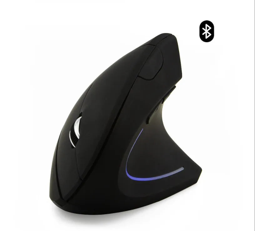 Wired black optical mouse with ergonomic handheld shape, six buttons, four-way scroll wheel, and USB cable on a desk