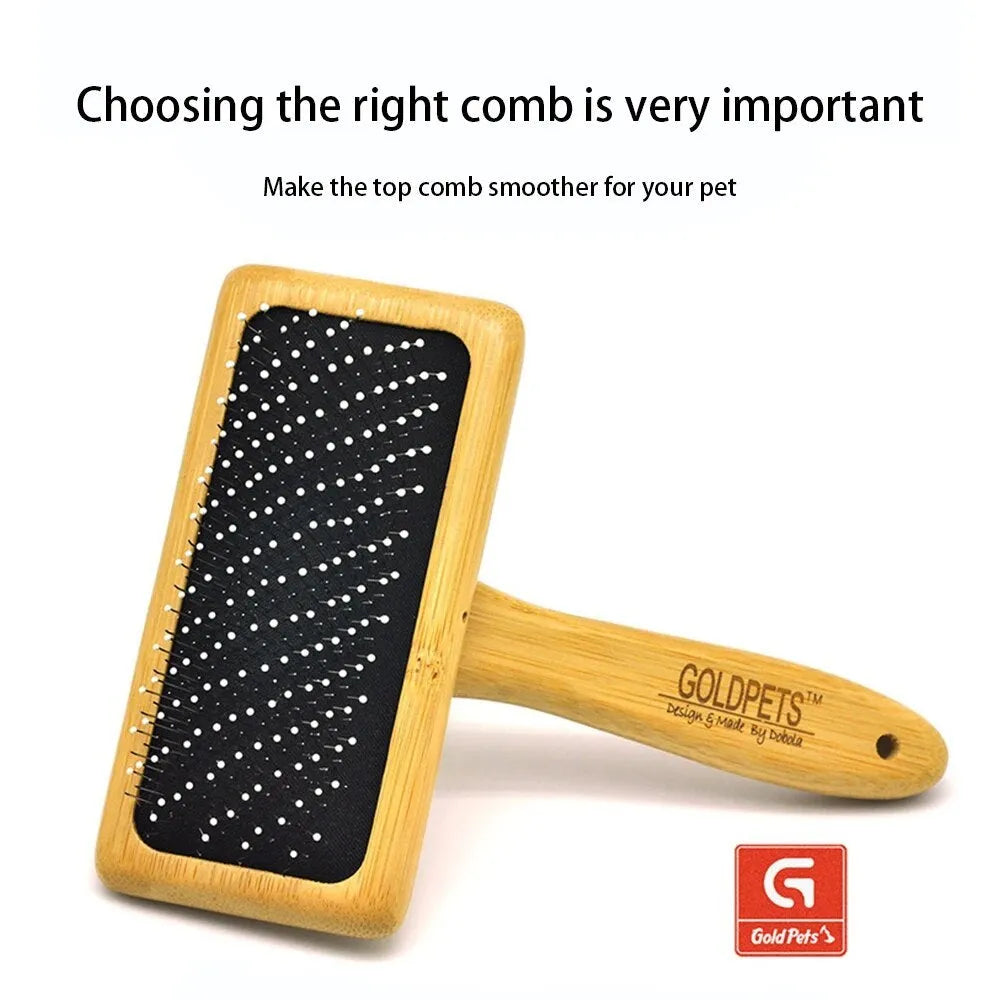 Goldpets bamboo wood slicker brush for pets with stainless steel pins on a wooden handle.