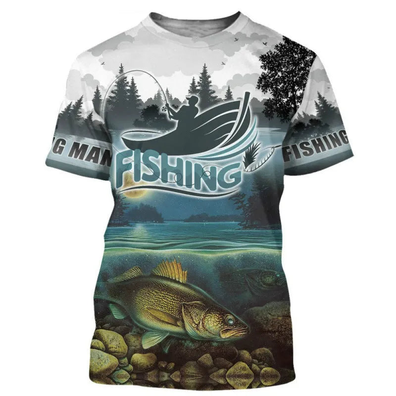 Men's loose fit short sleeve t-shirt featuring a colourful digital print fishing pattern design.