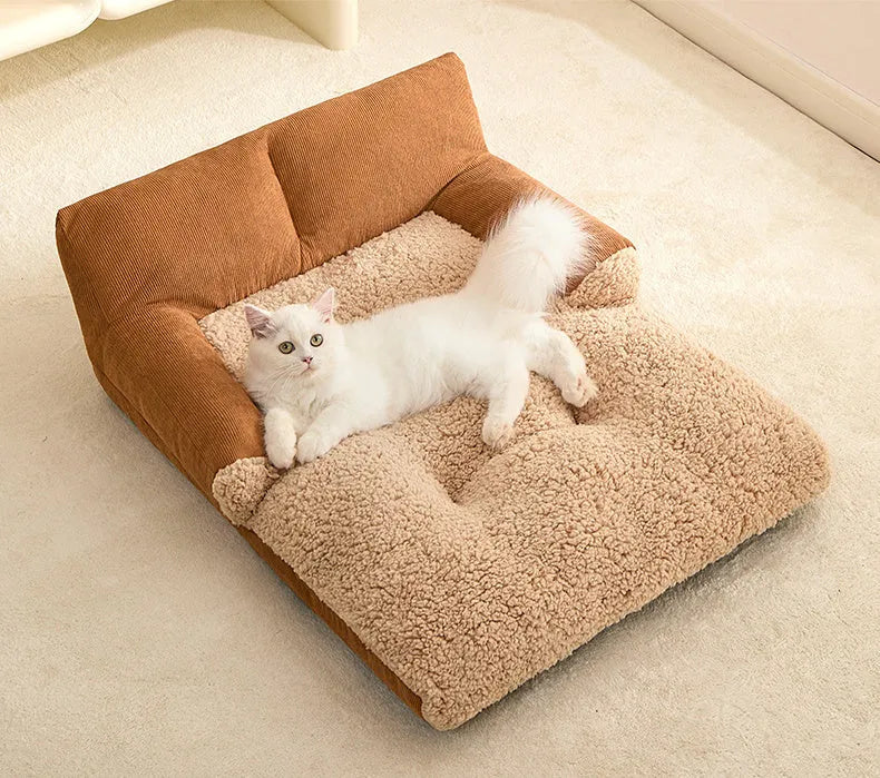 Grey removable plush cover dog kennel cushion mat with anti-slip base in three sizes.