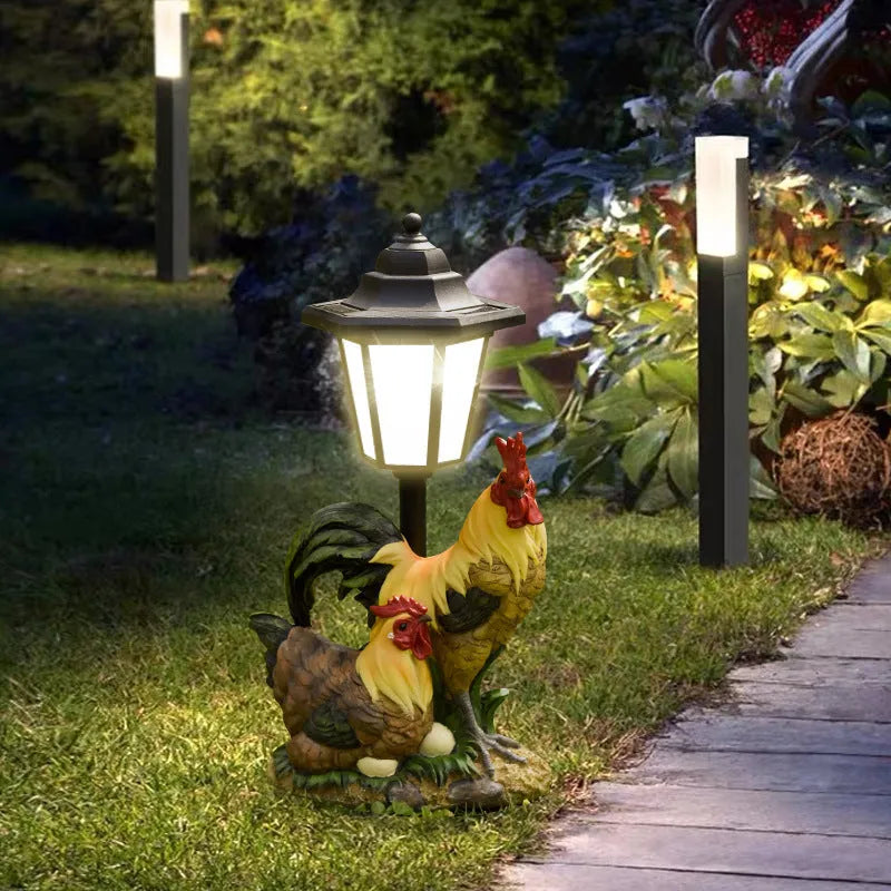 Hexagonal solar garden lamp with animal sculpture decoration in outdoor setting