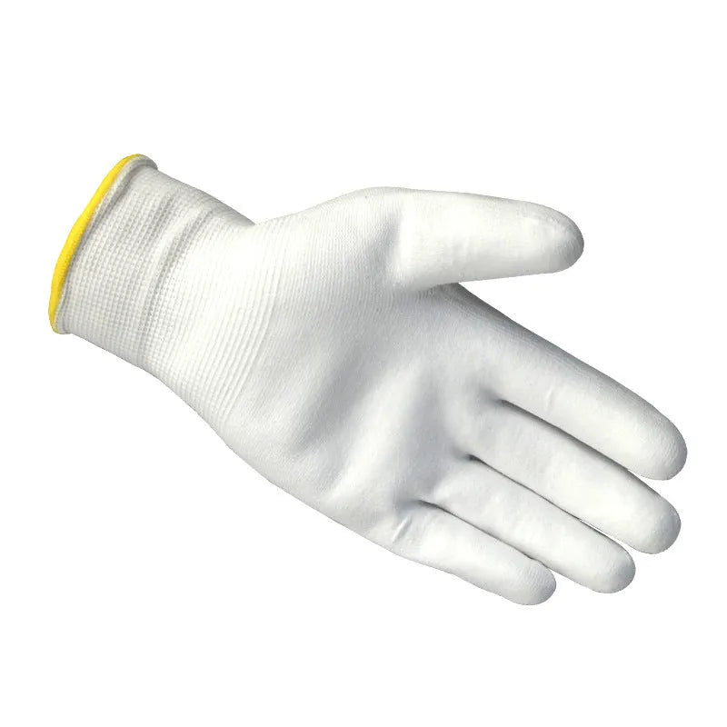 White PU coated labour gloves showing textured palm, displayed in medium and large sizes.