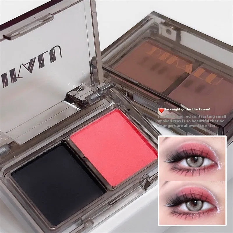 Two-tone eye shadow plate showing pink and black matte shimmer powder for punk makeup styles