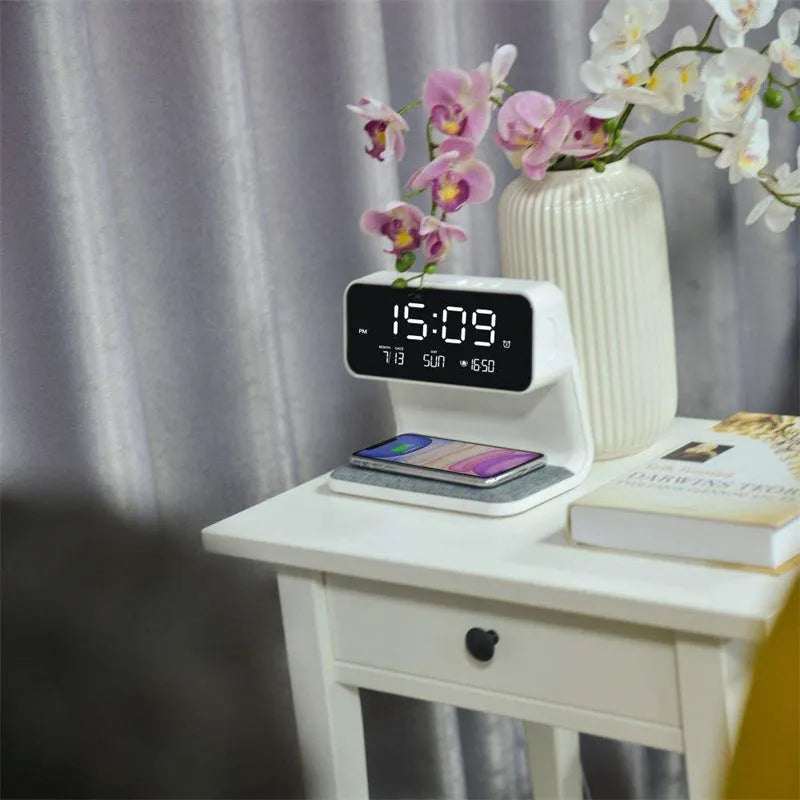 White 3-in-1 bedside lamp with wireless charging pad, LCD clock screen, and fabric-effect ABS shade.