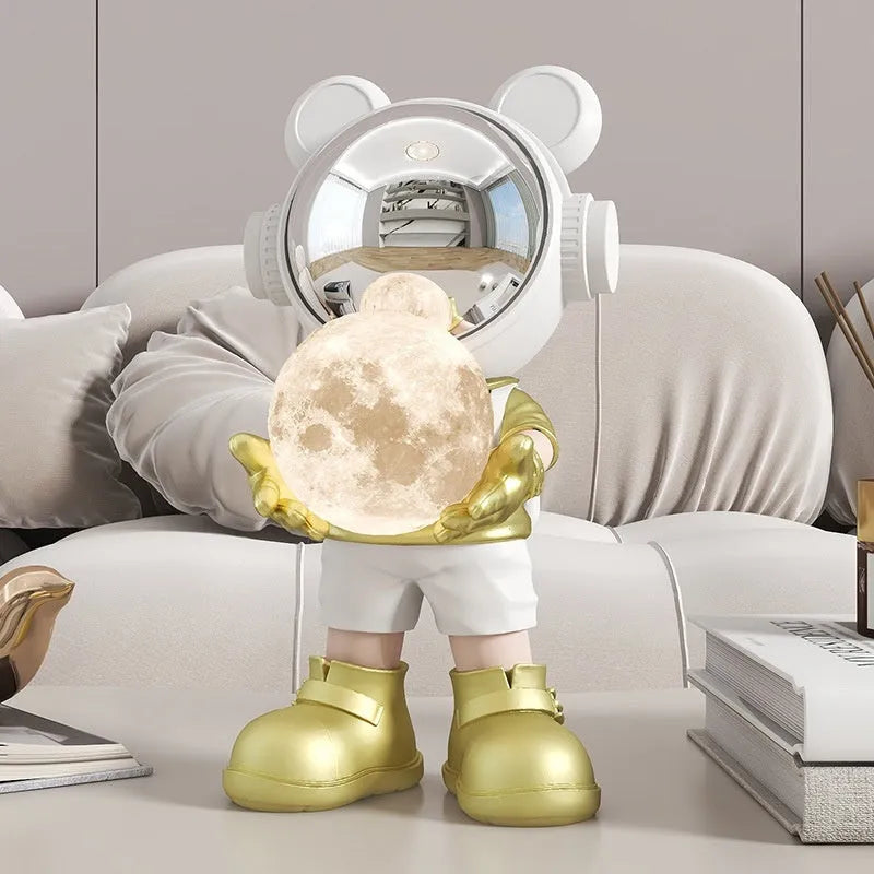 Resin desktop space bear decoration with moon night light, golden finish, modern simplicity style